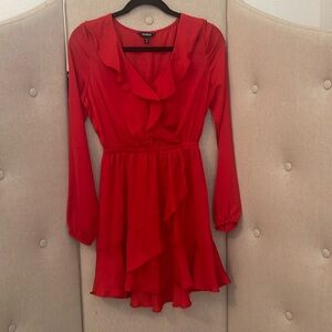 Express Red Long Sleeve V Neck Elastic Waist Faux Wrap Dress XS